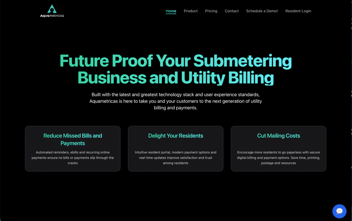 Aquametricas submetering platform — marketing landing page